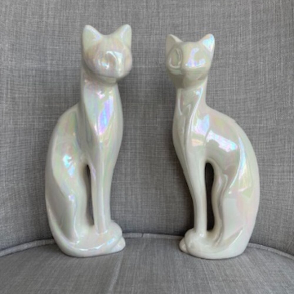 Mid-Century Modern Iridescent Ceramic Cat Figurines - Set of 2
